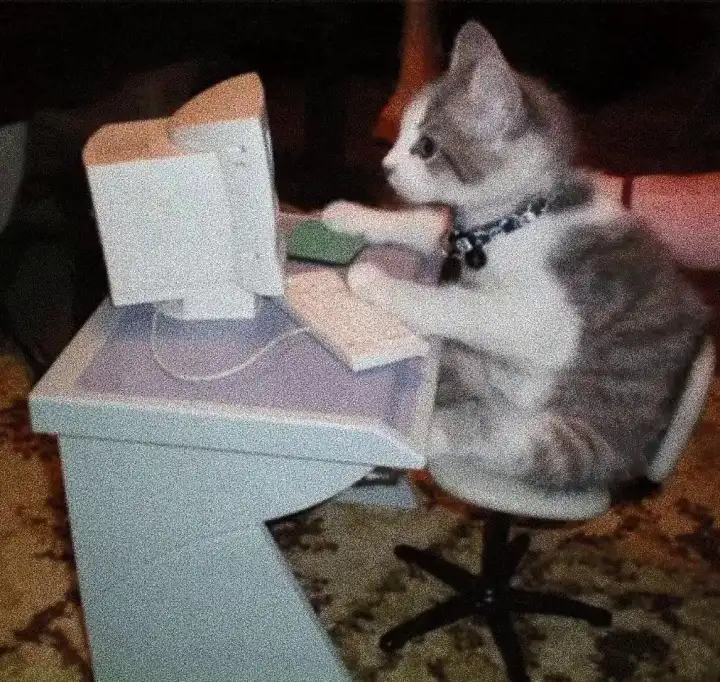 A kitten sitting at a tiny computer, typing
