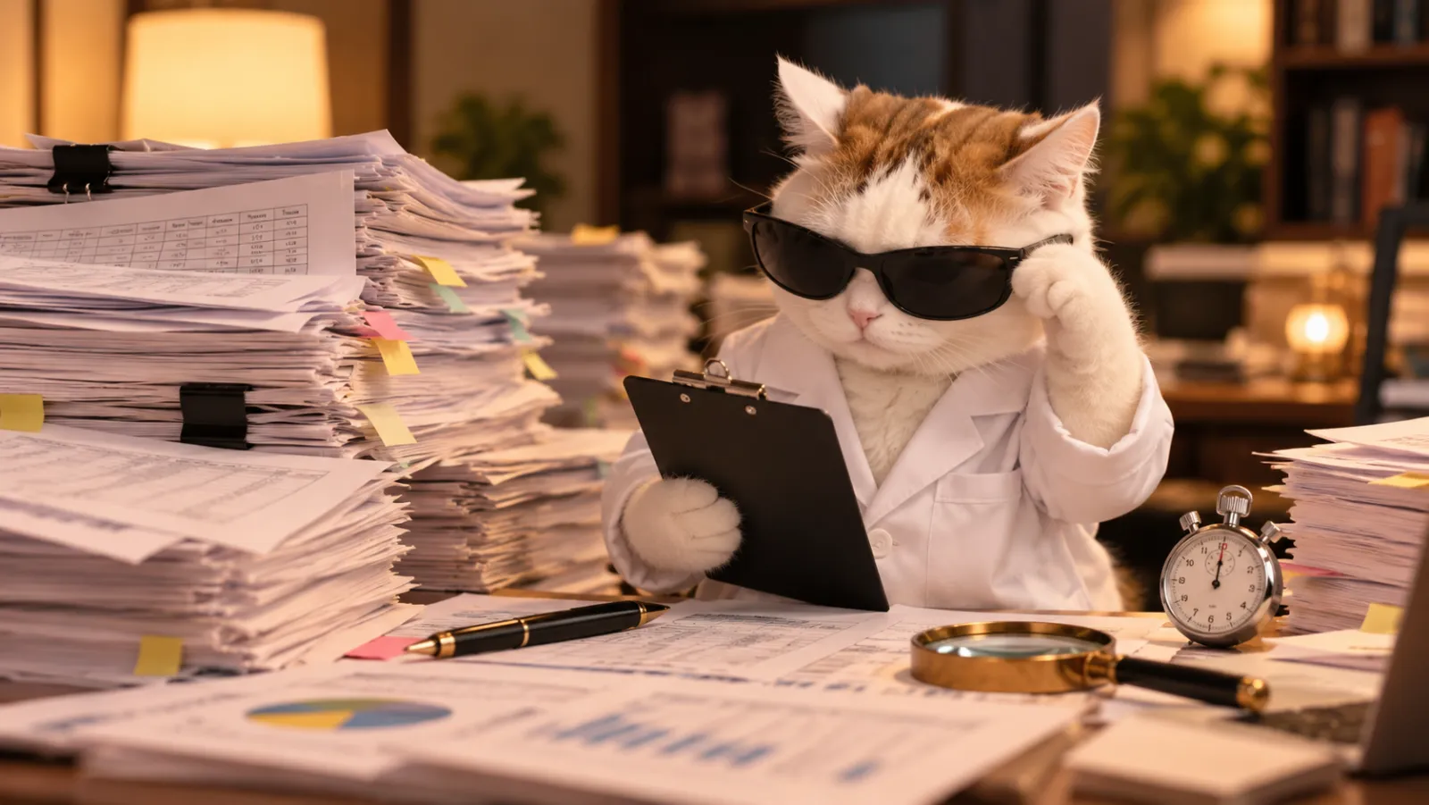 A cat in a lab coat and sunglasses reviewing a clipboard beside towering stacks of spreadsheets